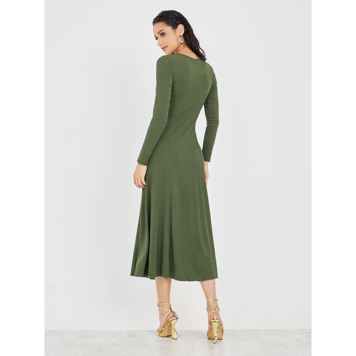 Styli Solid Ribbed Round Neck Flare Midi Dress-women-clothing-dresses-image-4
