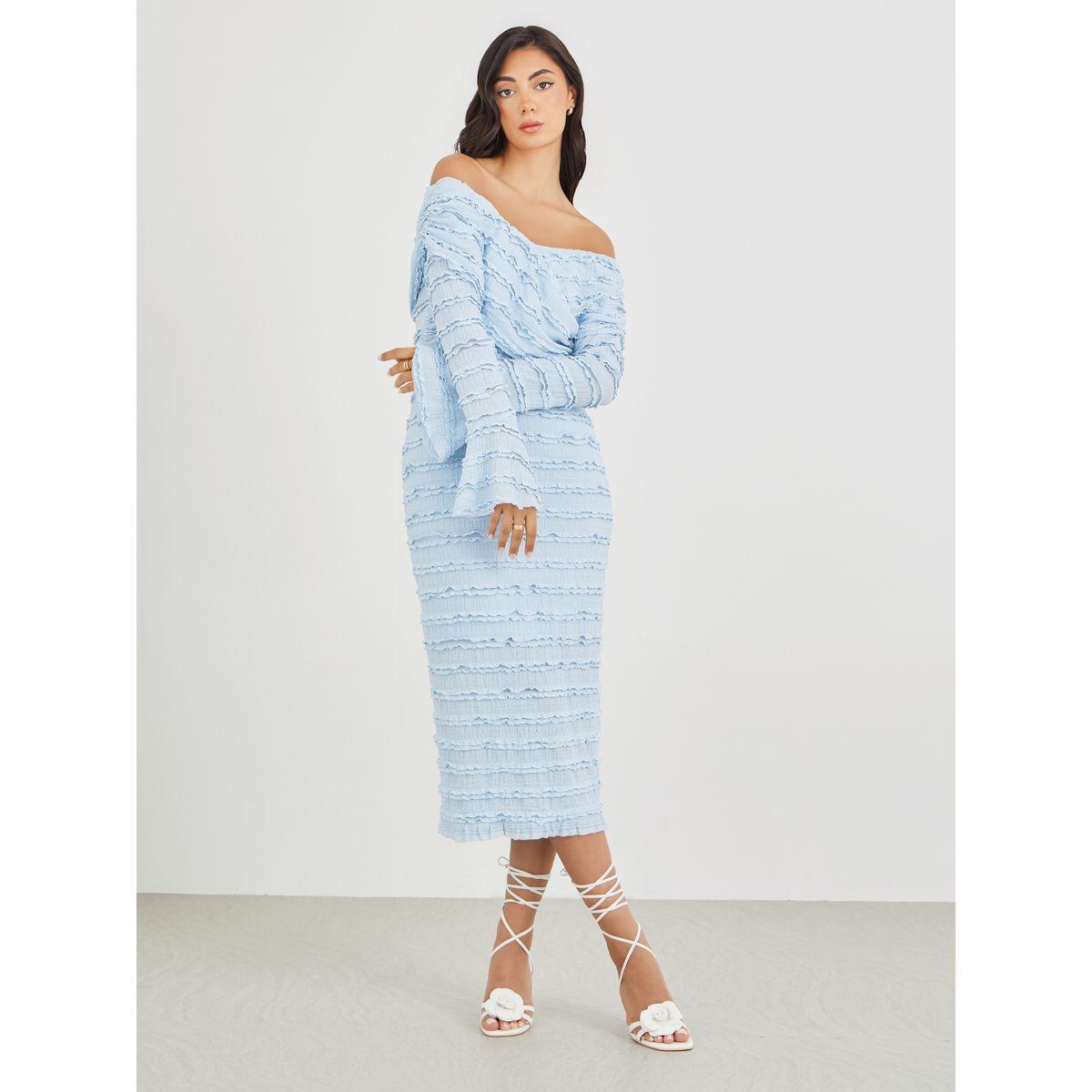 Styli Solid Ruffle Trim Off Shoulder Neck Sheath Midi Dress-women-clothing-dresses-image-1