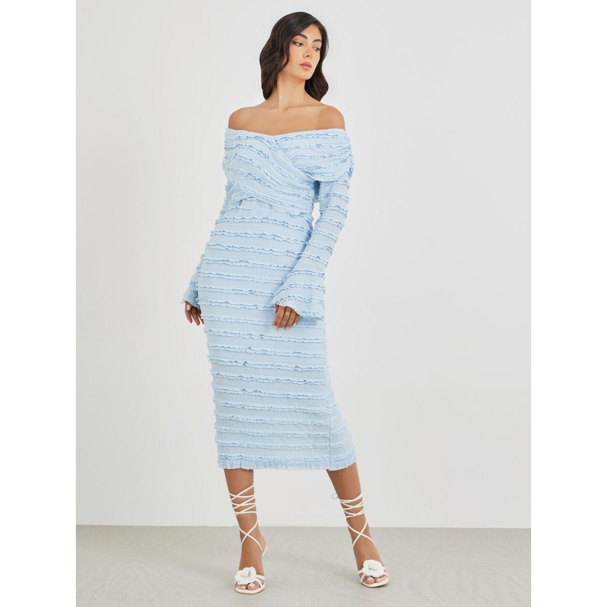 فستان ميدي سادة بأكتاف مكشوفة وتفاصيل شراشيب-women-clothing-dresses-image-2