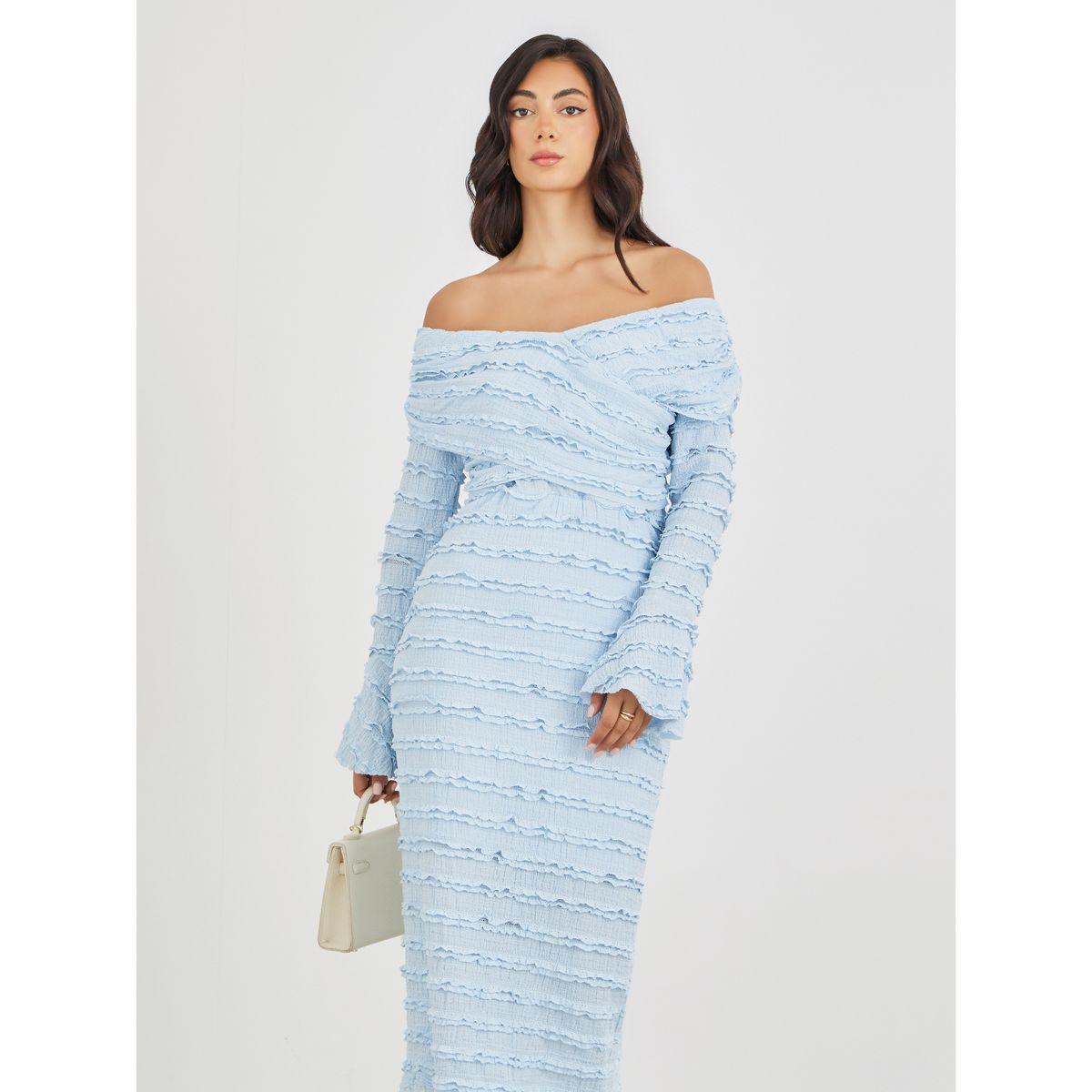 Styli Solid Ruffle Trim Off Shoulder Neck Sheath Midi Dress-women-clothing-dresses-image-3
