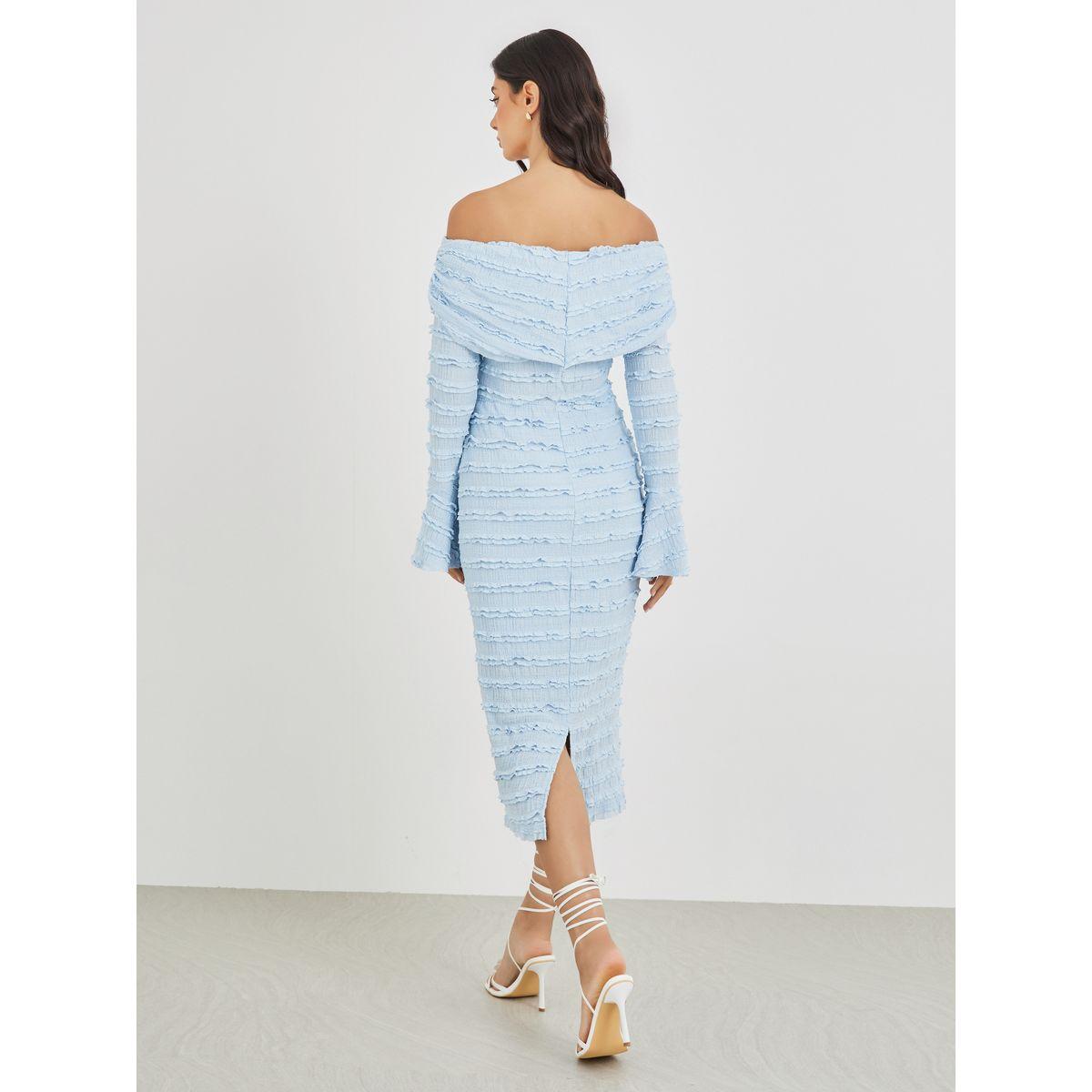 Styli Solid Ruffle Trim Off Shoulder Neck Sheath Midi Dress-women-clothing-dresses-image-5