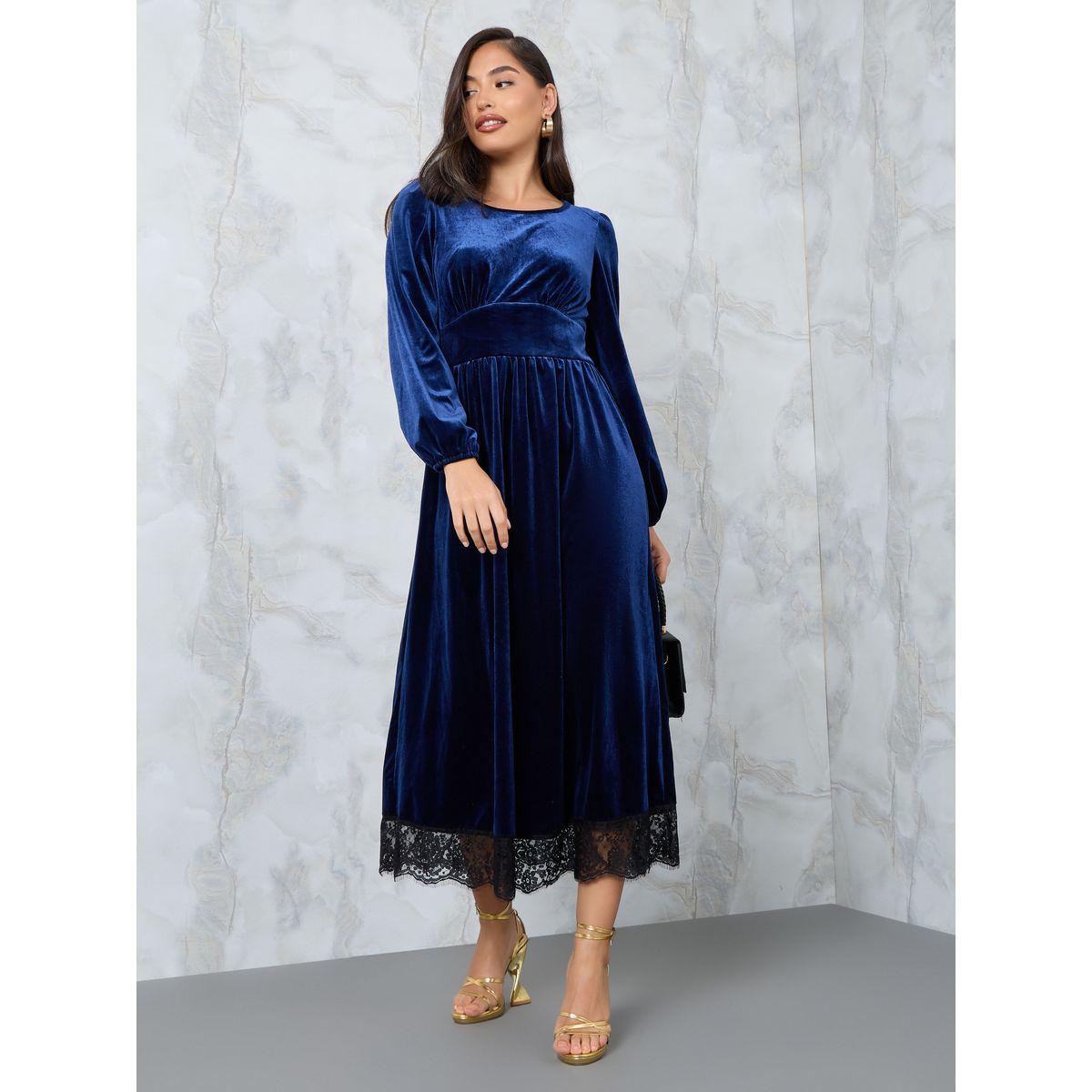 Styli Lace Hem Insert Velvet A-Line Maxi Dress-women-clothing-dresses-image-1