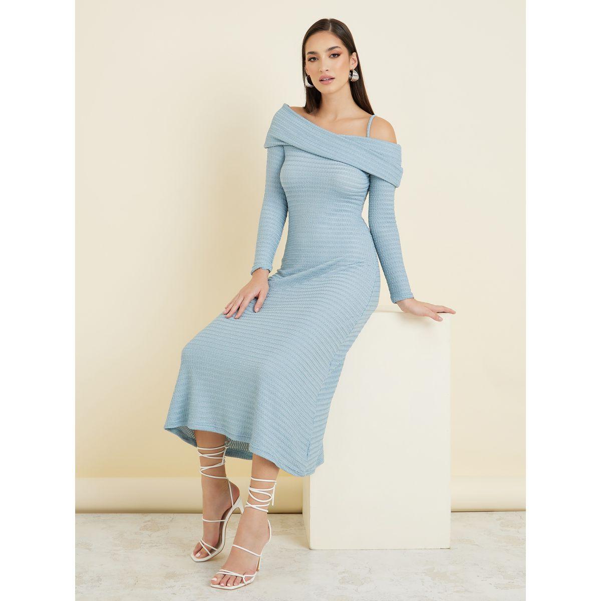 Styli Asymmetric Neck Textured A-Line Maxi Dress-women-clothing-dresses-image-1