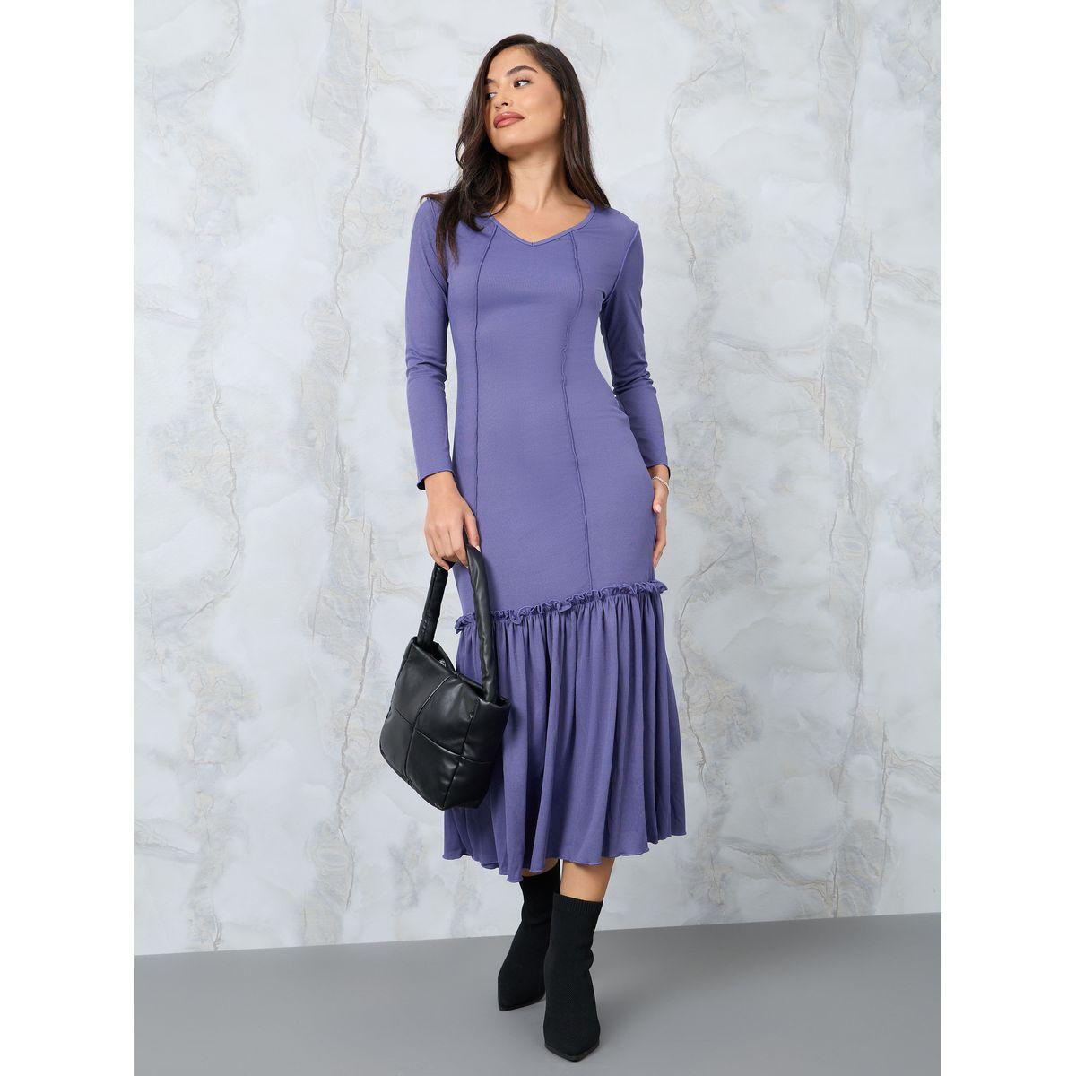 فستان ميدي مضلع بحافة كشكش-women-clothing-dresses-image-1