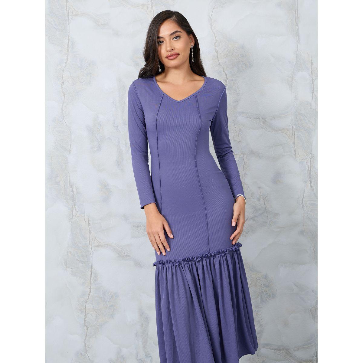 فستان ميدي مضلع بحافة كشكش-women-clothing-dresses-image-2