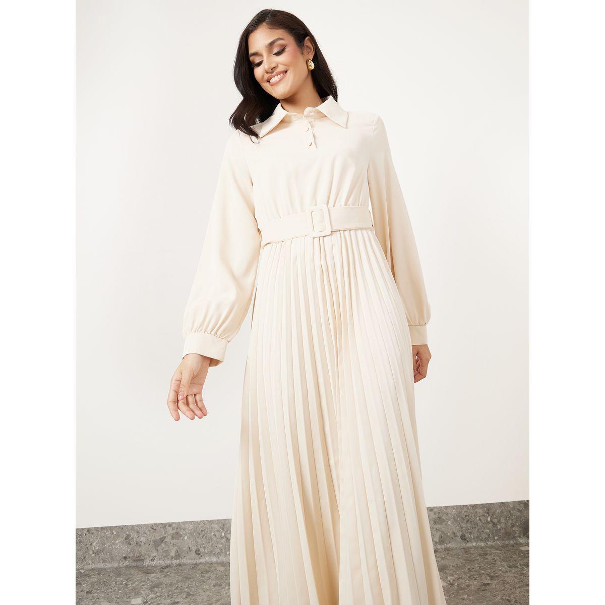 Styli Pleated Hem Belted A-Line Maxi Dress-women-clothing-dresses-image-2