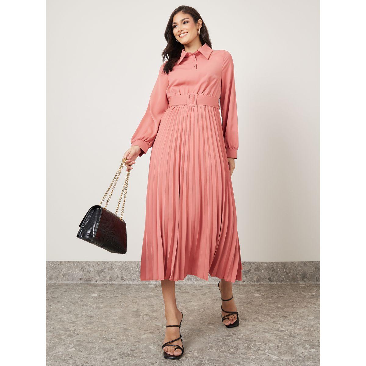 Styli Pleated Hem Belted A-Line Maxi Dress-women-clothing-dresses-image-1