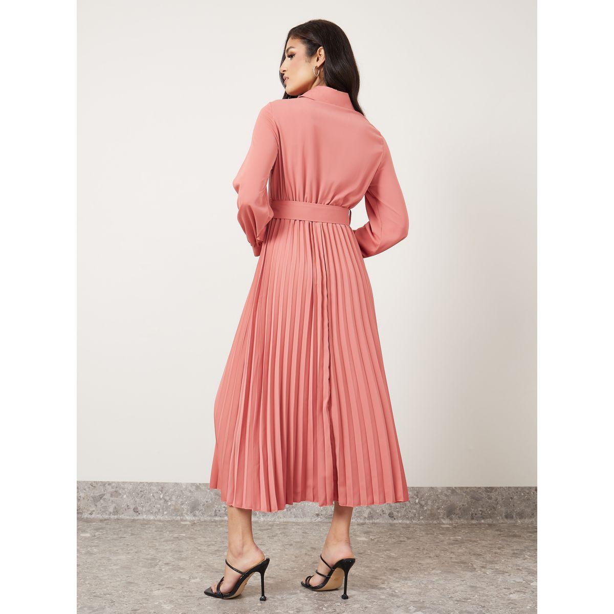 Styli Pleated Hem Belted A-Line Maxi Dress-women-clothing-dresses-image-4