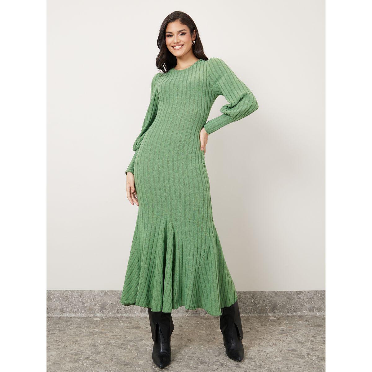 Styli Textured Knit Sheath Midi Dress with Cuffed Sleeve-women-clothing-dresses-image-1