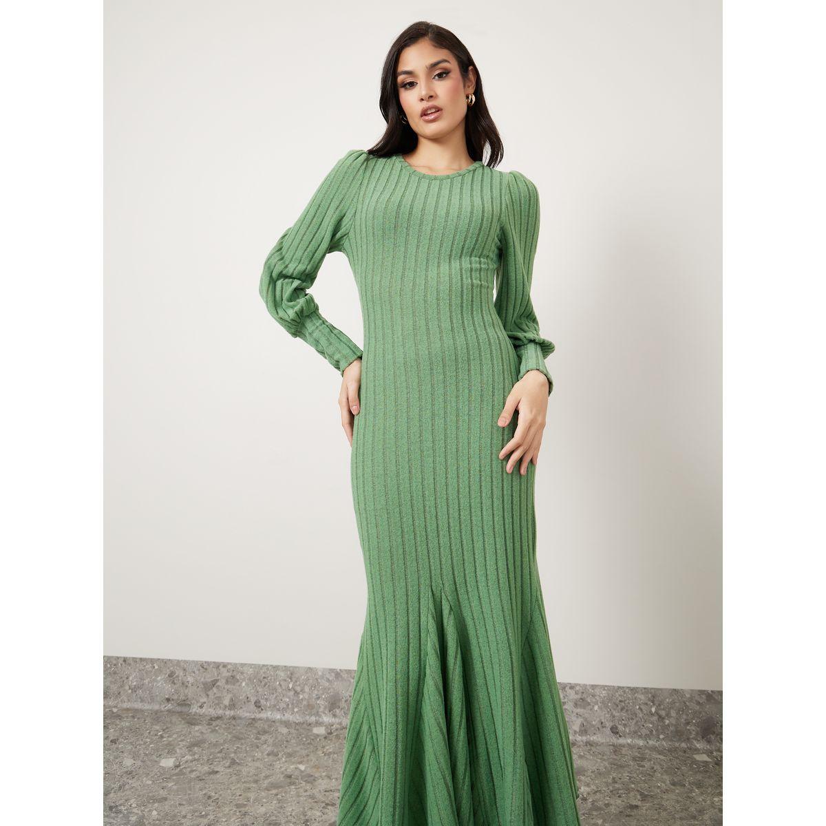 Styli Textured Knit Sheath Midi Dress with Cuffed Sleeve-women-clothing-dresses-image-2