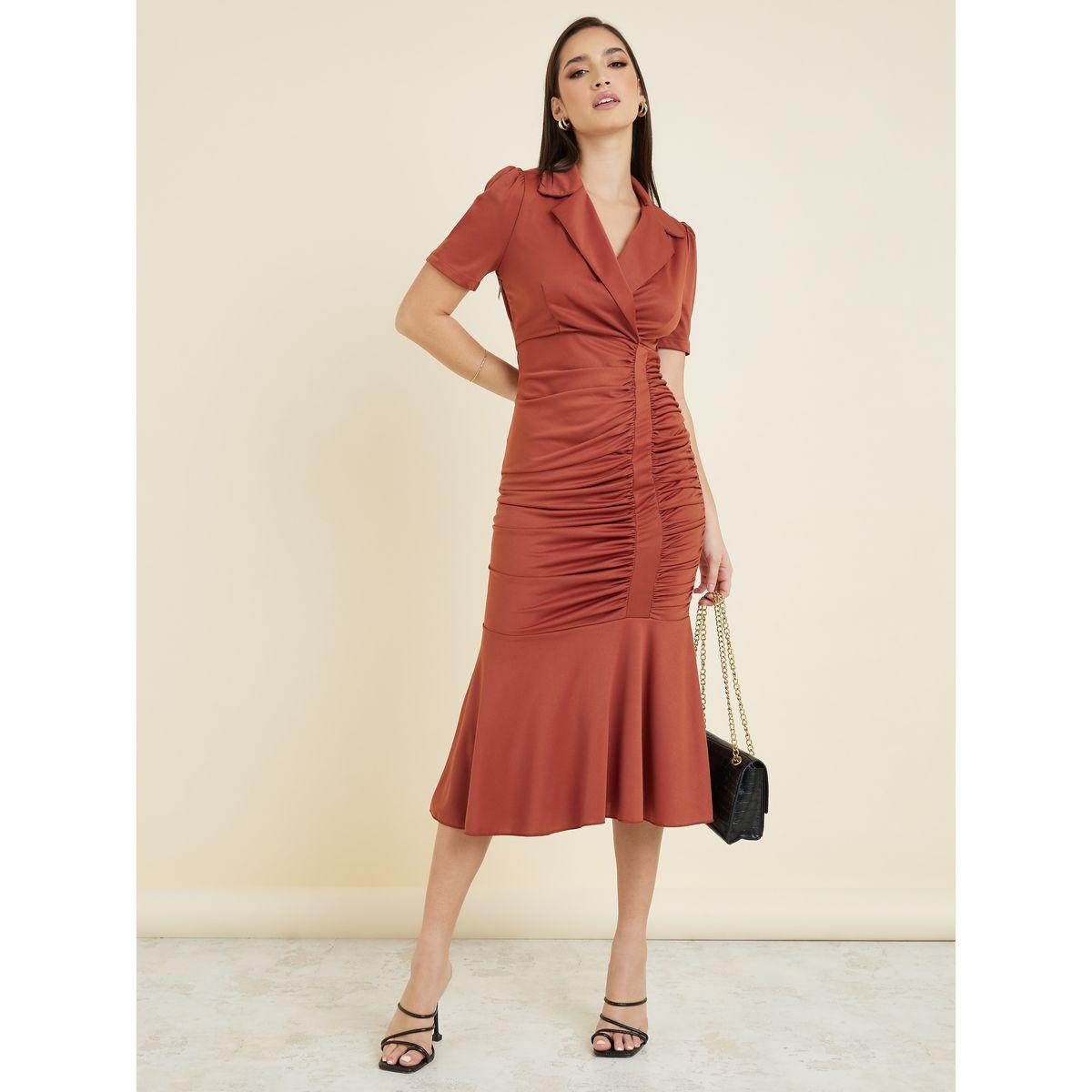 Styli Notch Lapel Collar Gathered Sheath Midi Dress-women-clothing-dresses-image-1