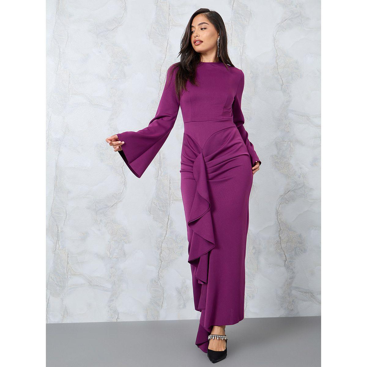 Styli Ruffle Panel Bell Sleeve Bodycon Maxi Dress-women-clothing-dresses-image-1