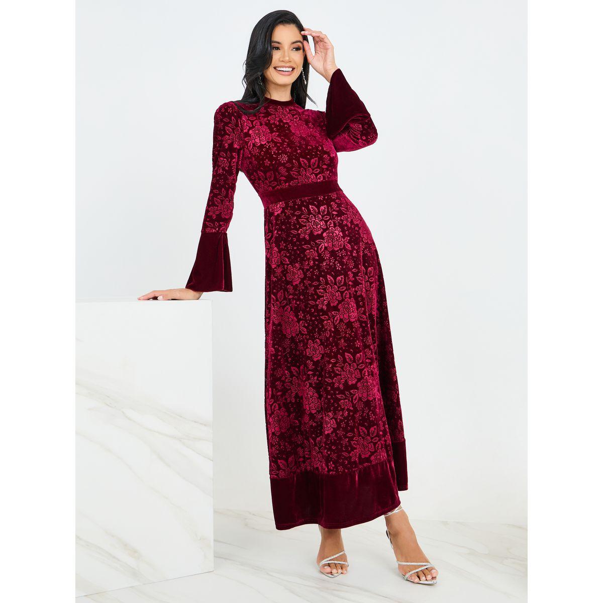 Styli Jacquard Velvet Maxi Dress with Bell Sleeve-women-clothing-dresses-image-1