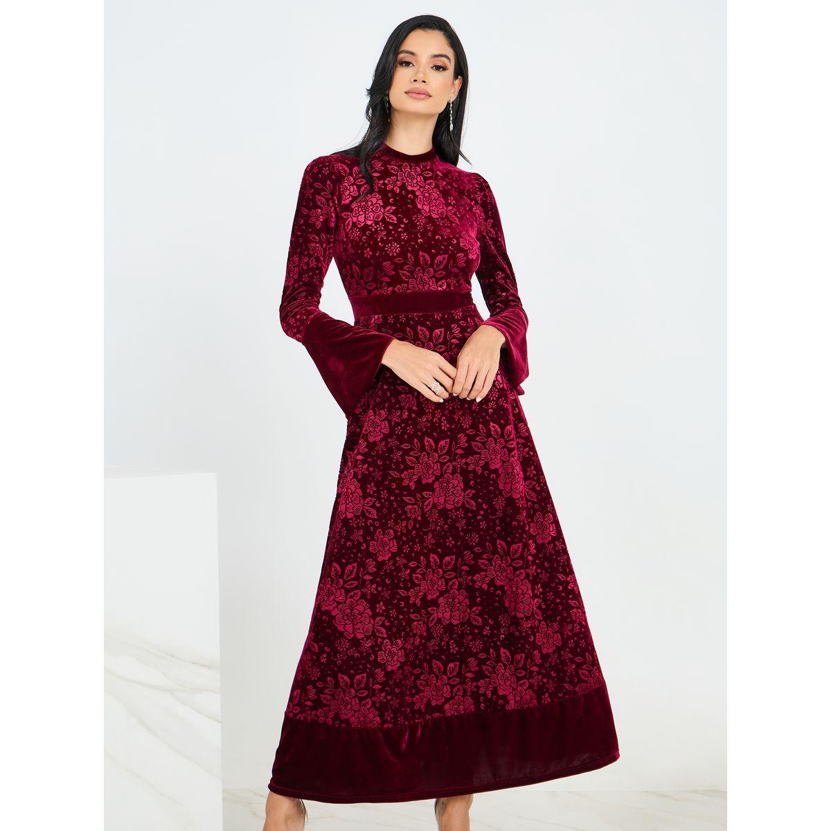 Styli Jacquard Velvet Maxi Dress with Bell Sleeve-women-clothing-dresses-image-2