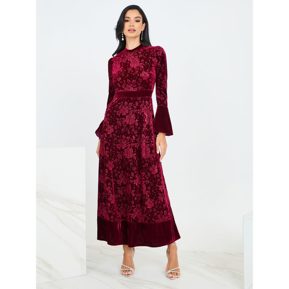 Styli Jacquard Velvet Maxi Dress with Bell Sleeve-women-clothing-dresses-image-3