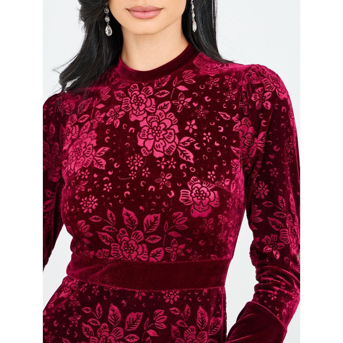 Styli Jacquard Velvet Maxi Dress with Bell Sleeve-women-clothing-dresses-image-4