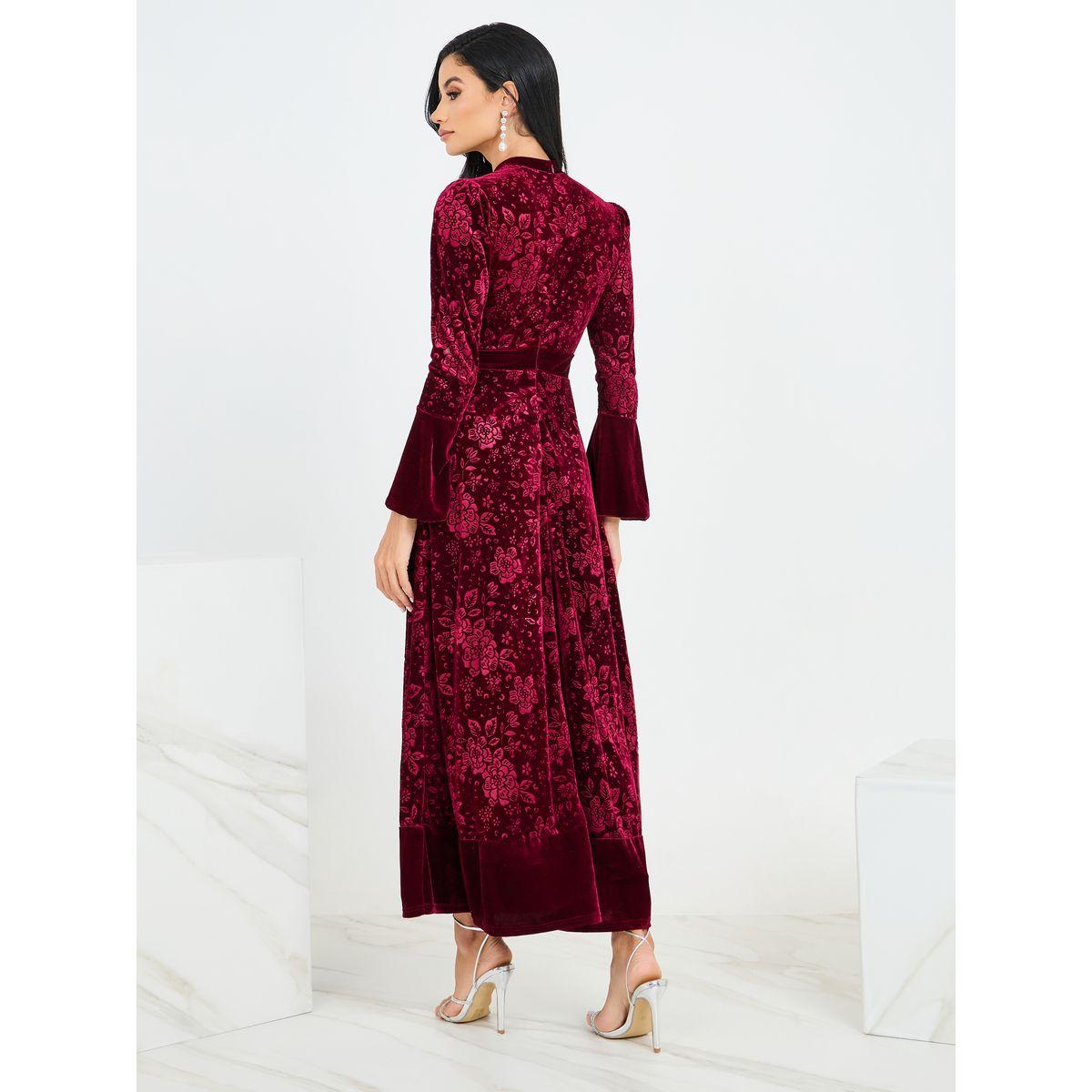 Styli Jacquard Velvet Maxi Dress with Bell Sleeve-women-clothing-dresses-image-5