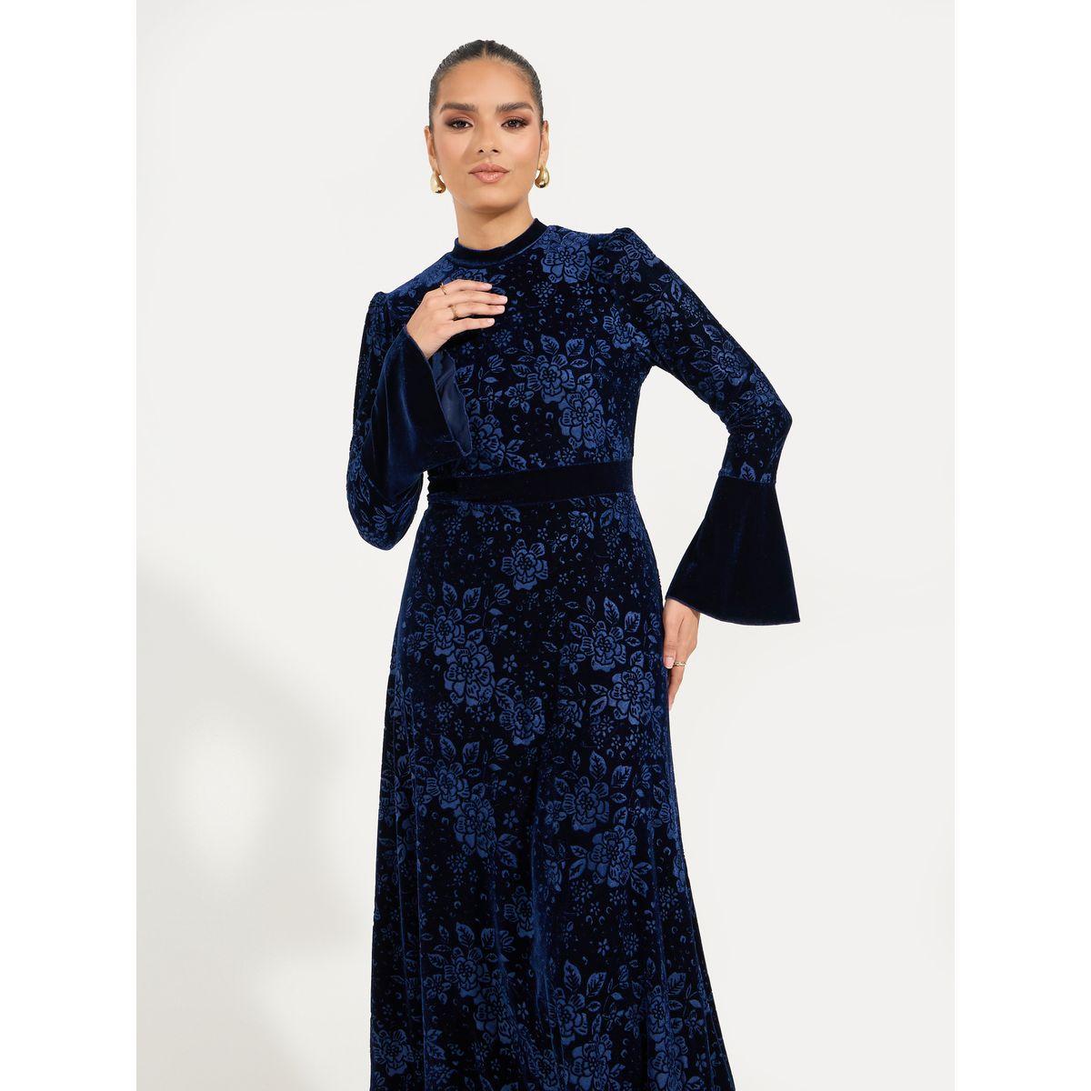 Shop Styli Jacquard Velvet Maxi Dress with Bell Sleeve Online