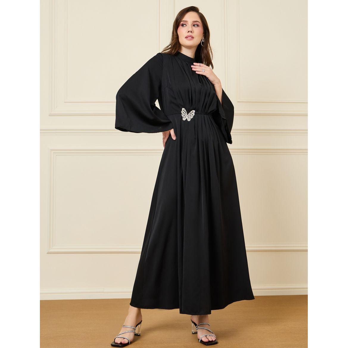 Styli Pleated Neck Detail Maxi Dress with Embellished Butterfly-women-clothing-dresses-image-1