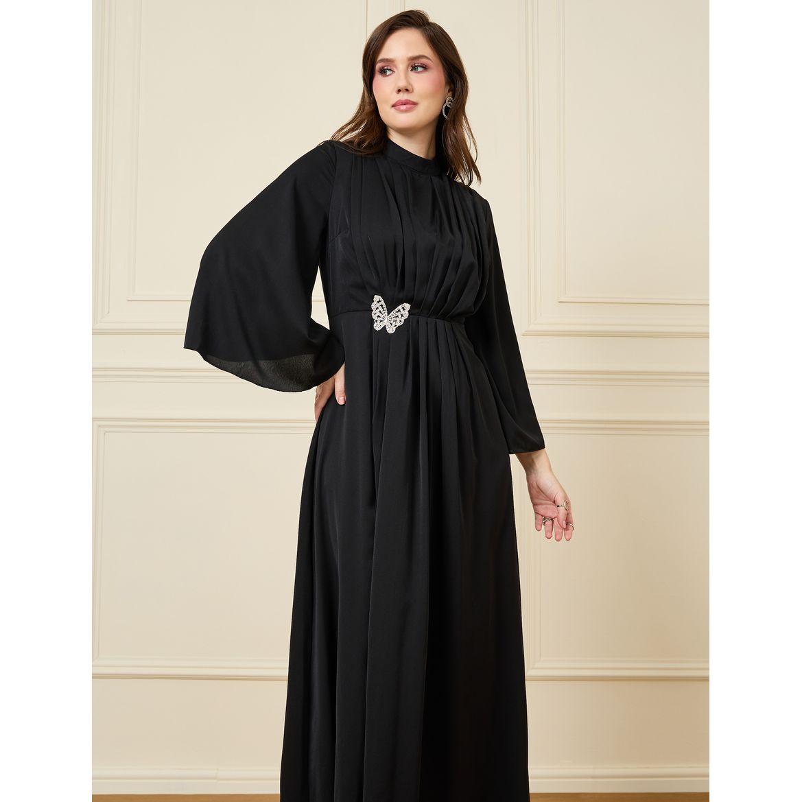 Styli Pleated Neck Detail Maxi Dress with Embellished Butterfly-women-clothing-dresses-image-2