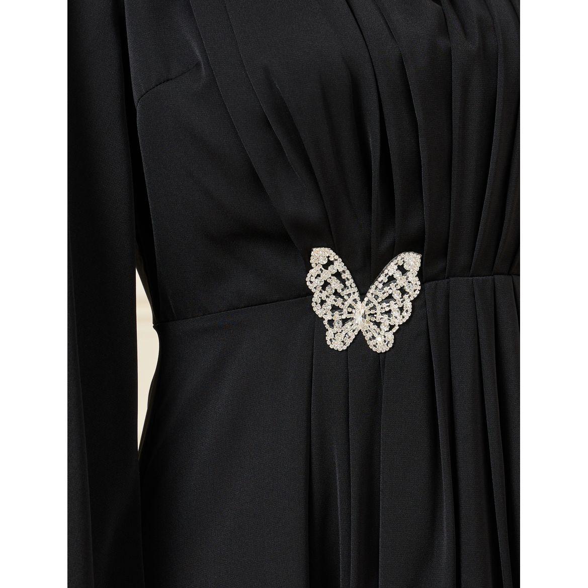 Styli Pleated Neck Detail Maxi Dress with Embellished Butterfly-women-clothing-dresses-image-3