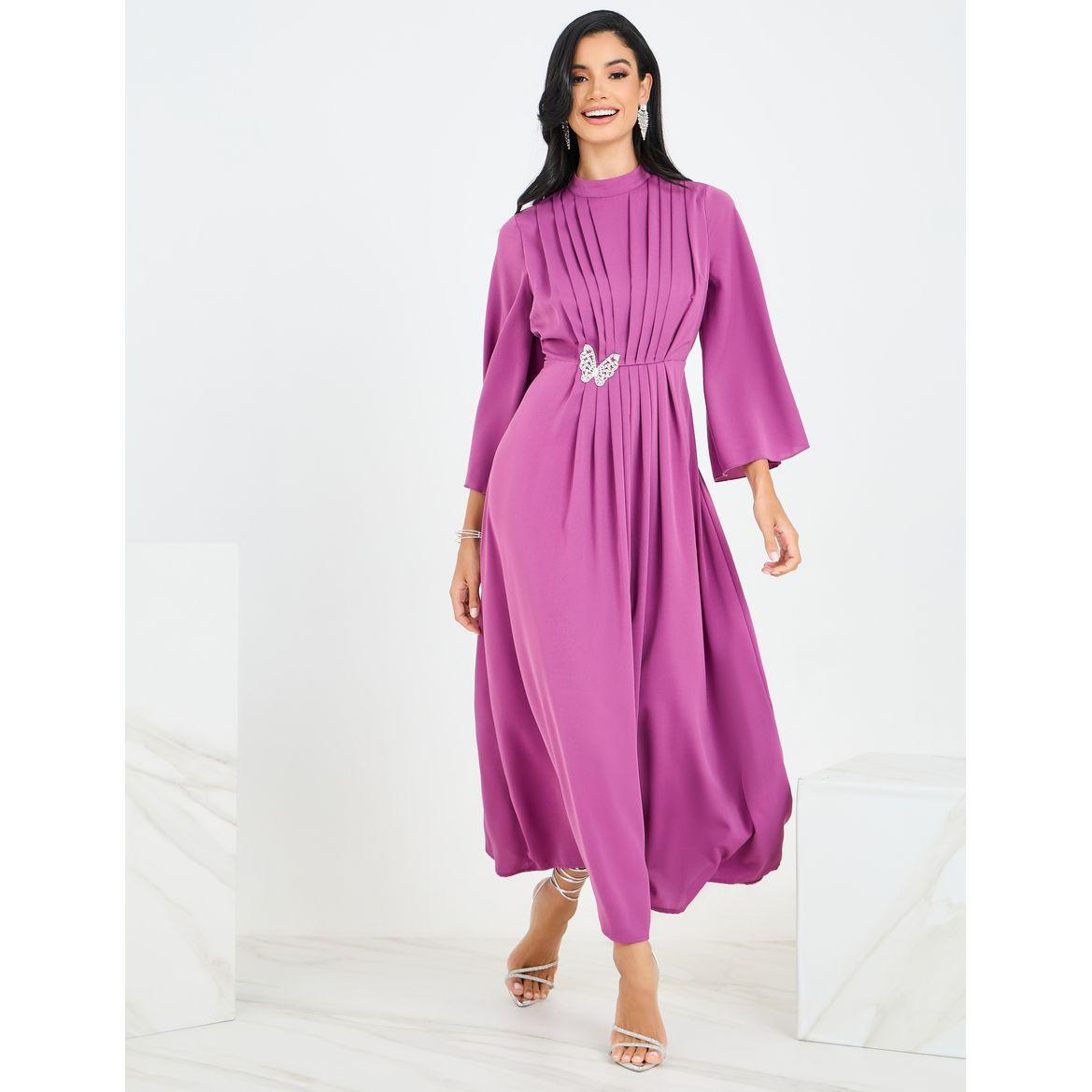 Styli Pleated Neck Detail Maxi Dress with Embellished Butterfly-women-clothing-dresses-image-1