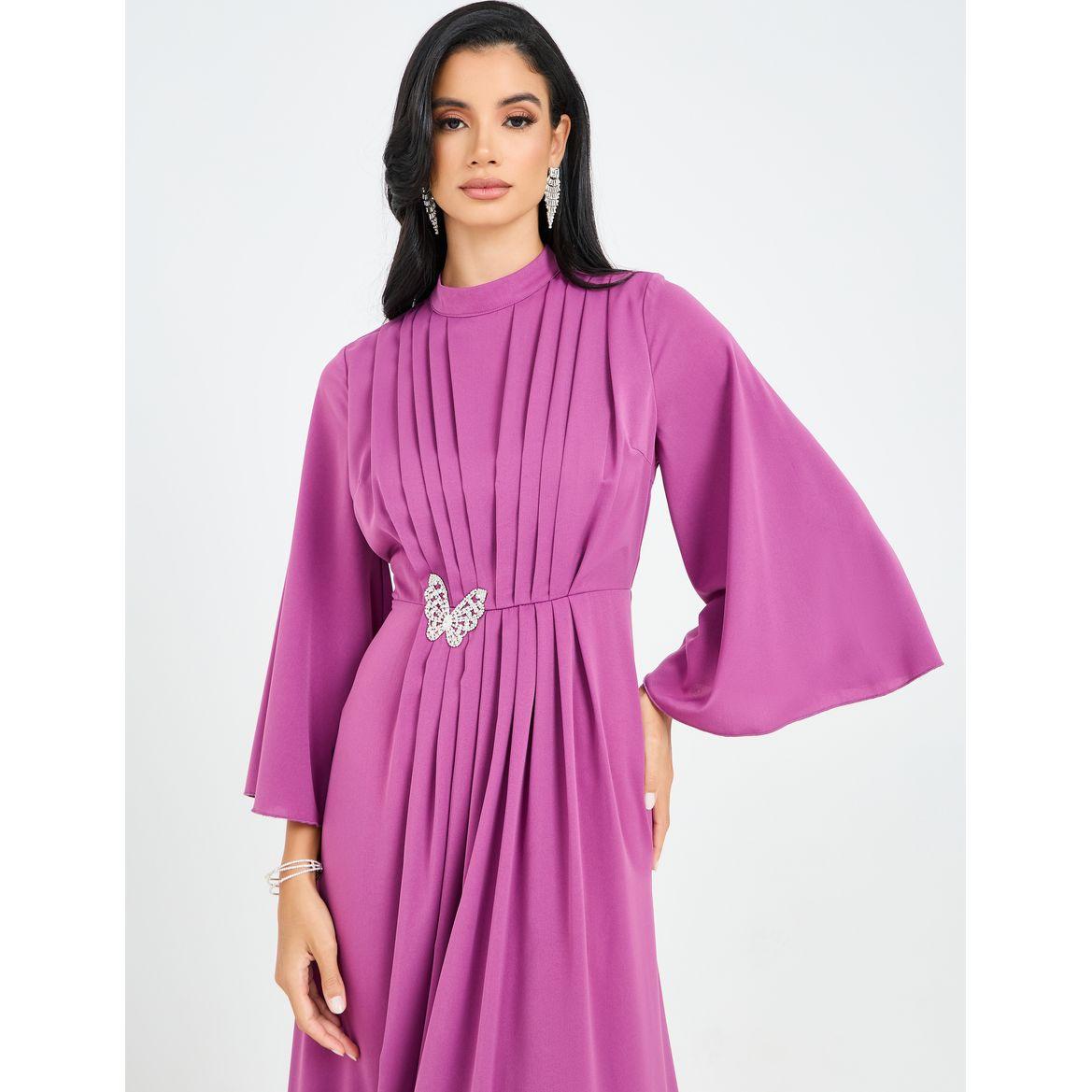 Styli Pleated Neck Detail Maxi Dress with Embellished Butterfly-women-clothing-dresses-image-2