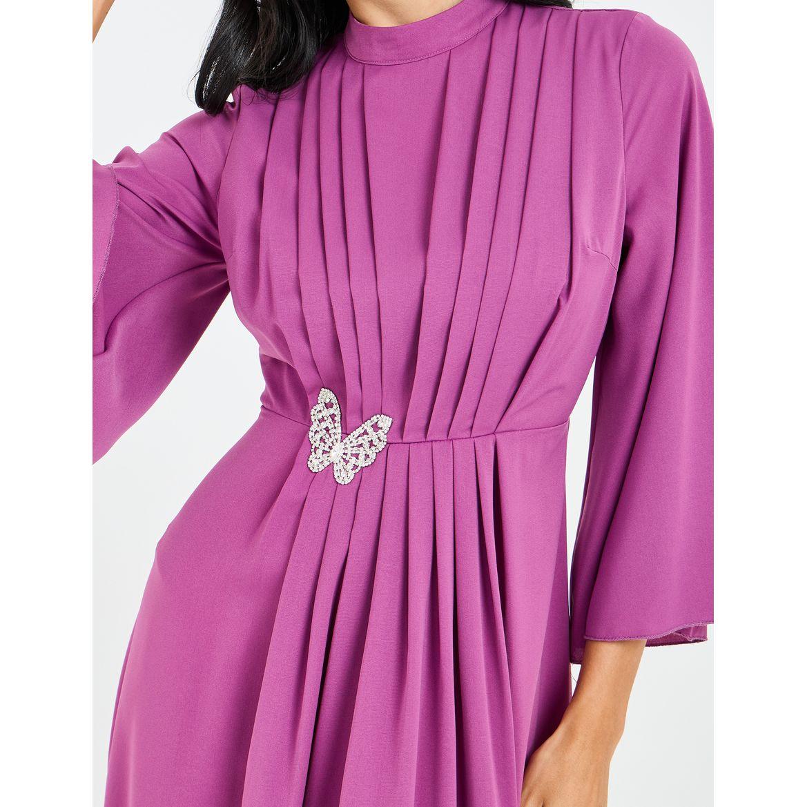 Styli Pleated Neck Detail Maxi Dress with Embellished Butterfly-women-clothing-dresses-image-3