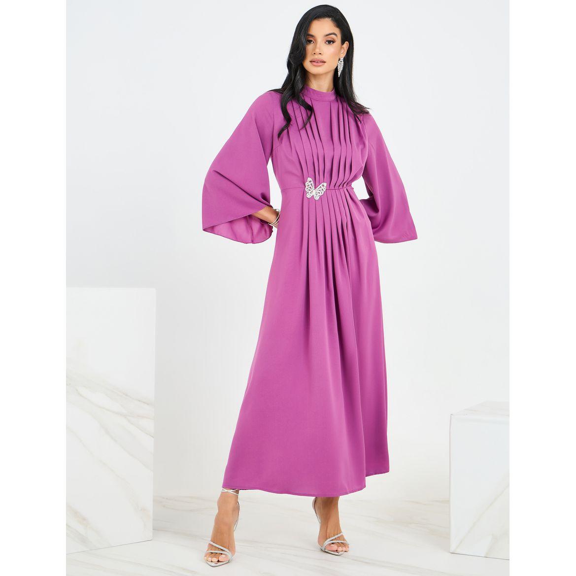 Styli Pleated Neck Detail Maxi Dress with Embellished Butterfly-women-clothing-dresses-image-4