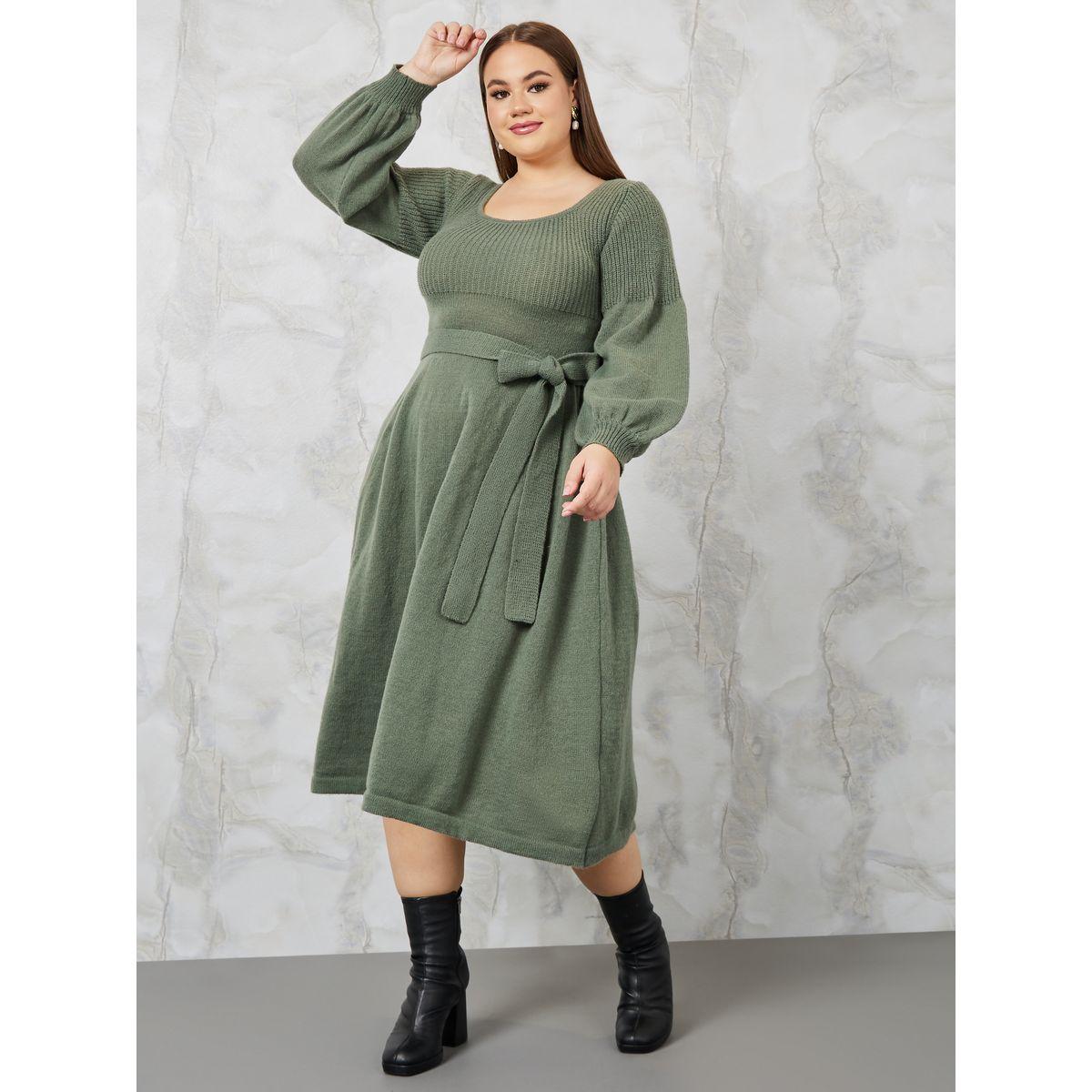 فستان ميدي محبوك بياقة سكوب-women-clothing-dresses-image-1