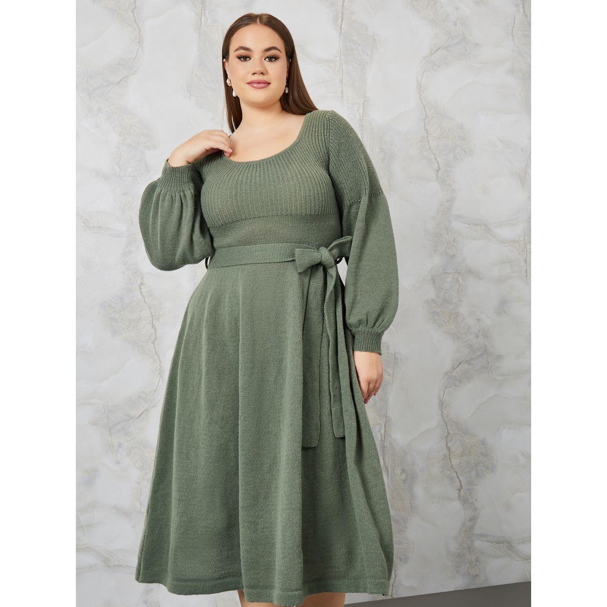 Styli Plus Scoop Neck Knit Sweater Midi Dress with Tie Belt-women-clothing-dresses-image-2