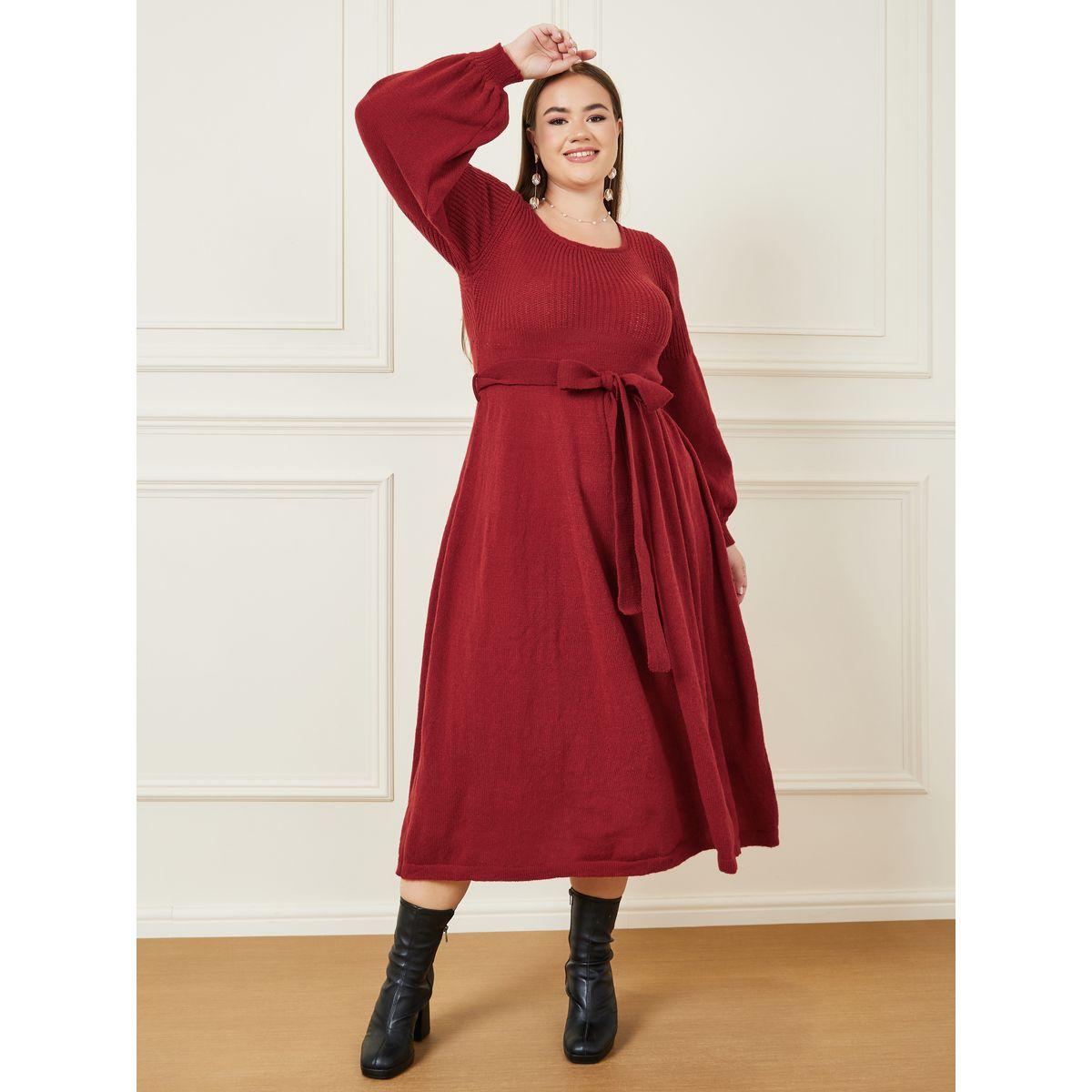 فستان ميدي بياقة سكوب وحزام-women-clothing-dresses-image-1