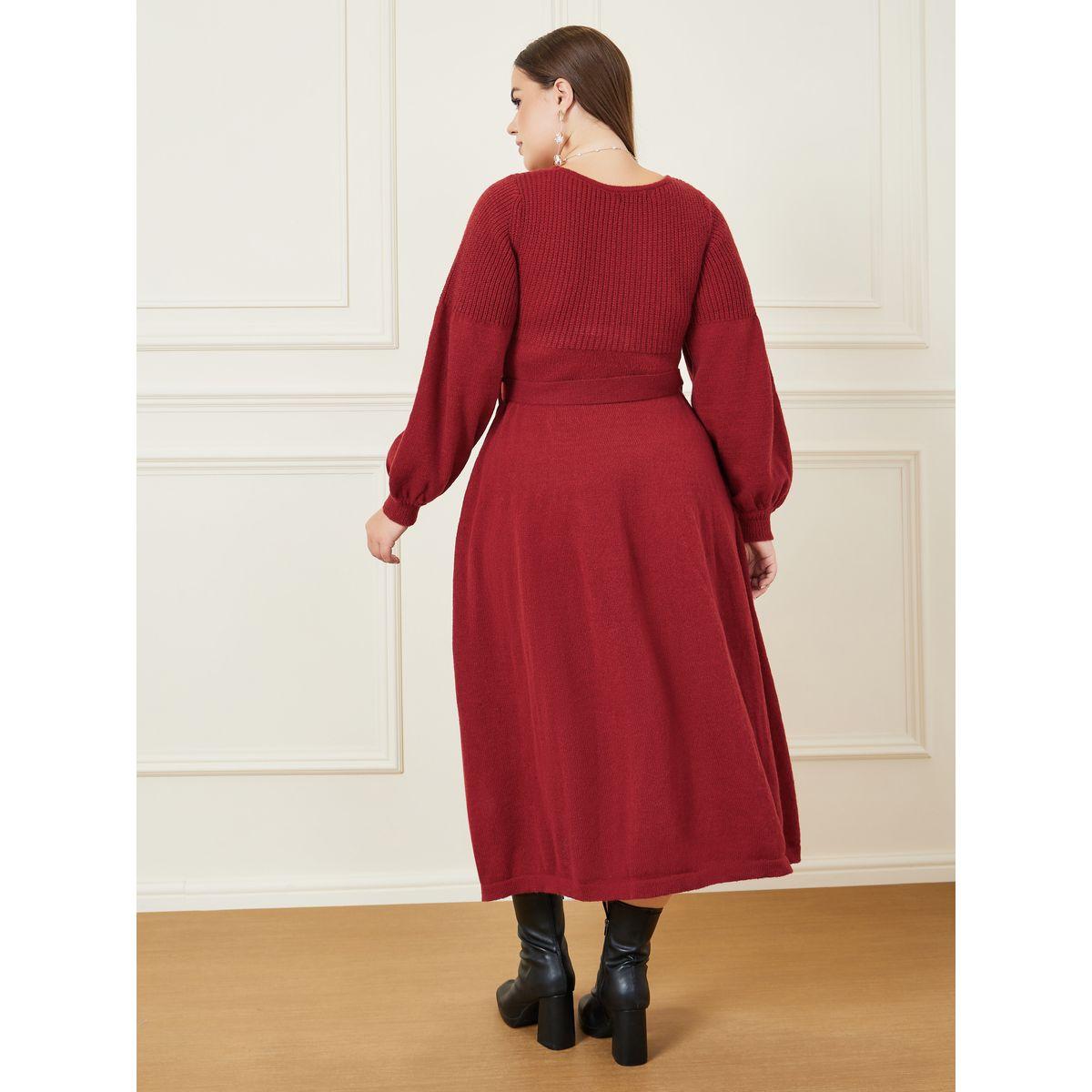 Styli Plus Scoop Neck Knit Sweater Midi Dress with Tie Belt-women-clothing-dresses-image-4