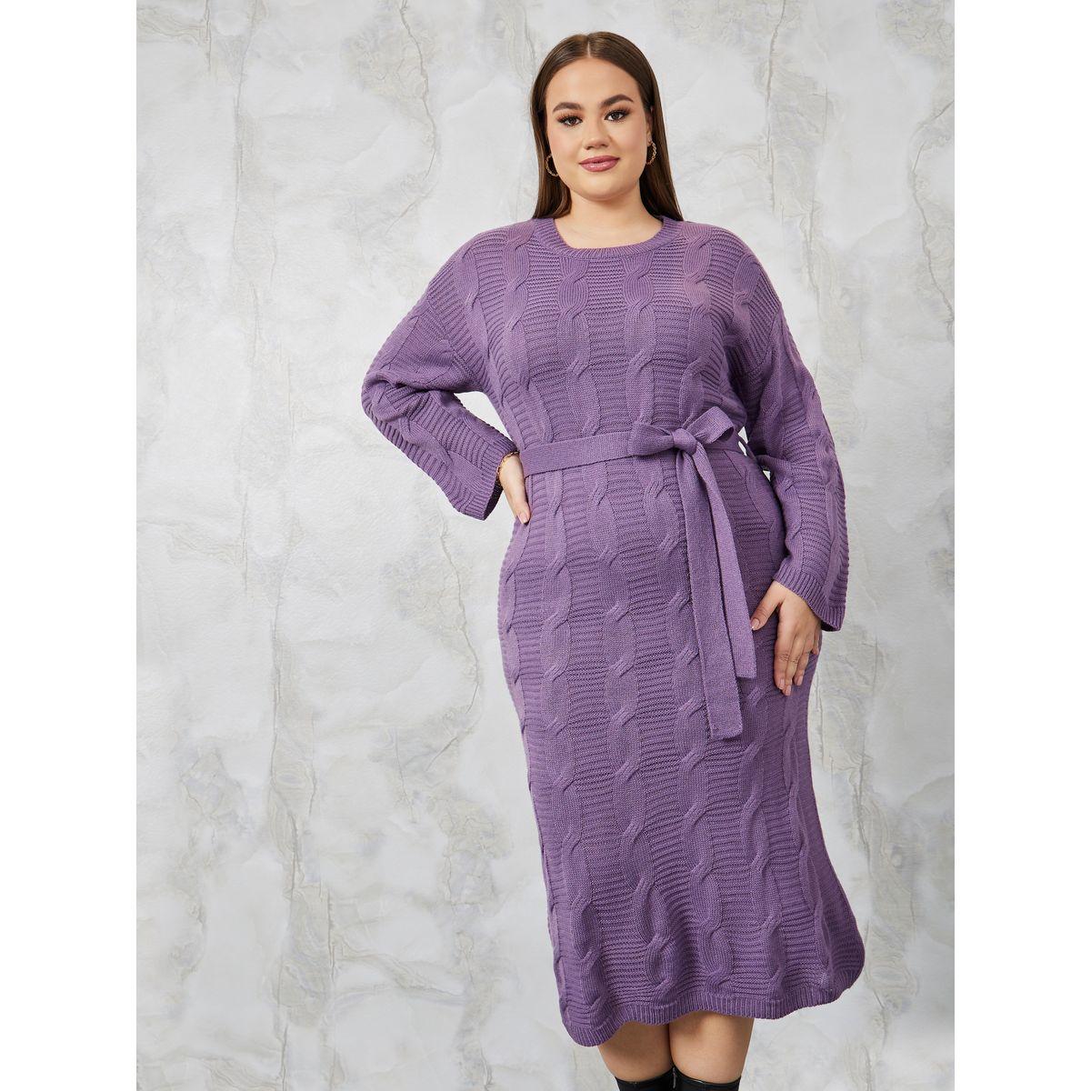 Styli Plus Cable Knit Sweater Midi Dress with Tie Belt-women-clothing-dresses-image-1