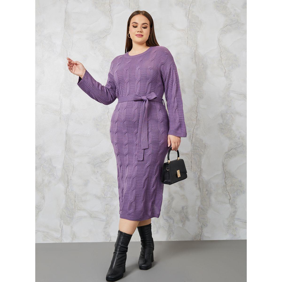 Styli Plus Cable Knit Sweater Midi Dress with Tie Belt-women-clothing-dresses-image-2