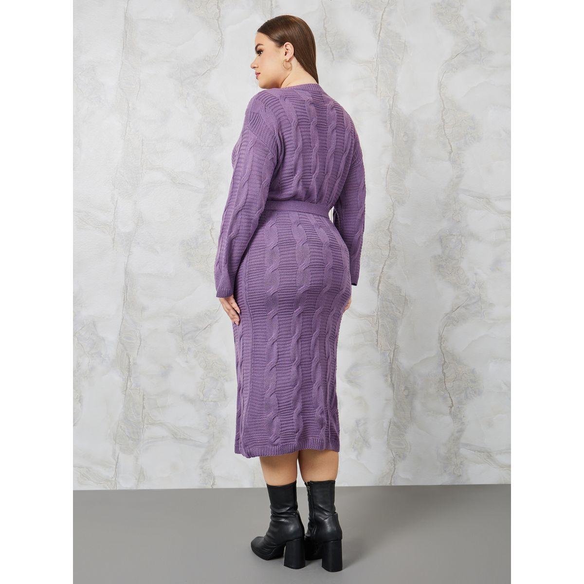 Styli Plus Cable Knit Sweater Midi Dress with Tie Belt-women-clothing-dresses-image-4
