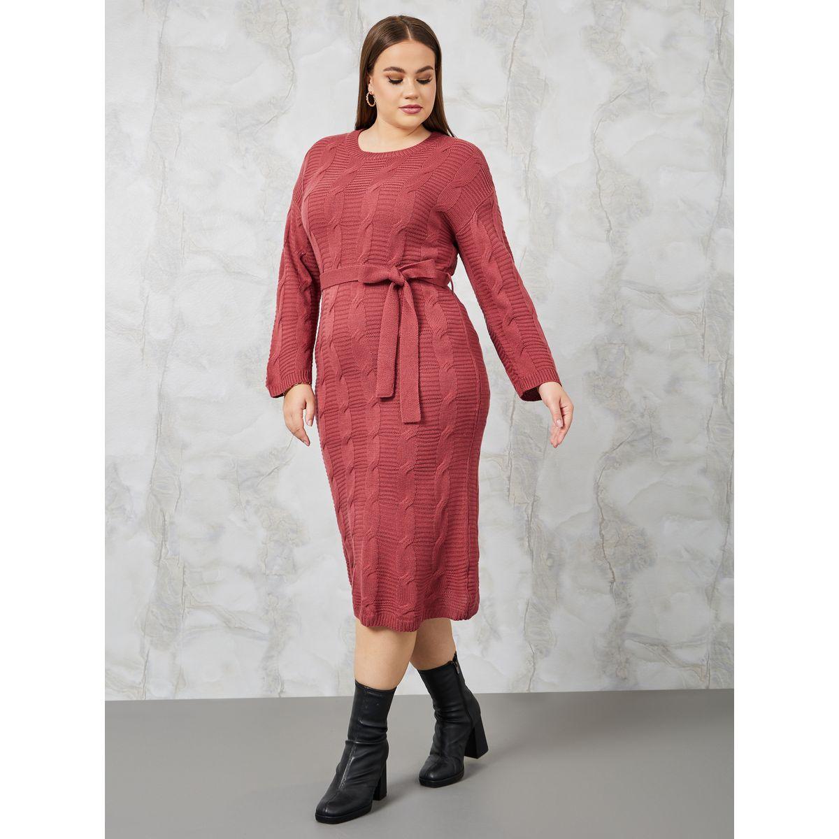 Styli Plus Cable Knit Sweater Midi Dress with Tie Belt-women-clothing-dresses-image-1