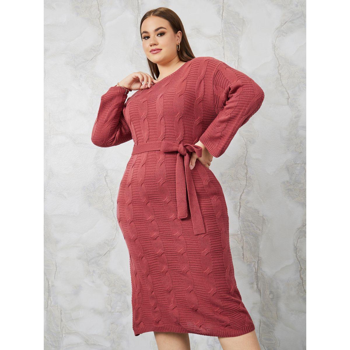 Styli Plus Cable Knit Sweater Midi Dress with Tie Belt-women-clothing-dresses-image-2