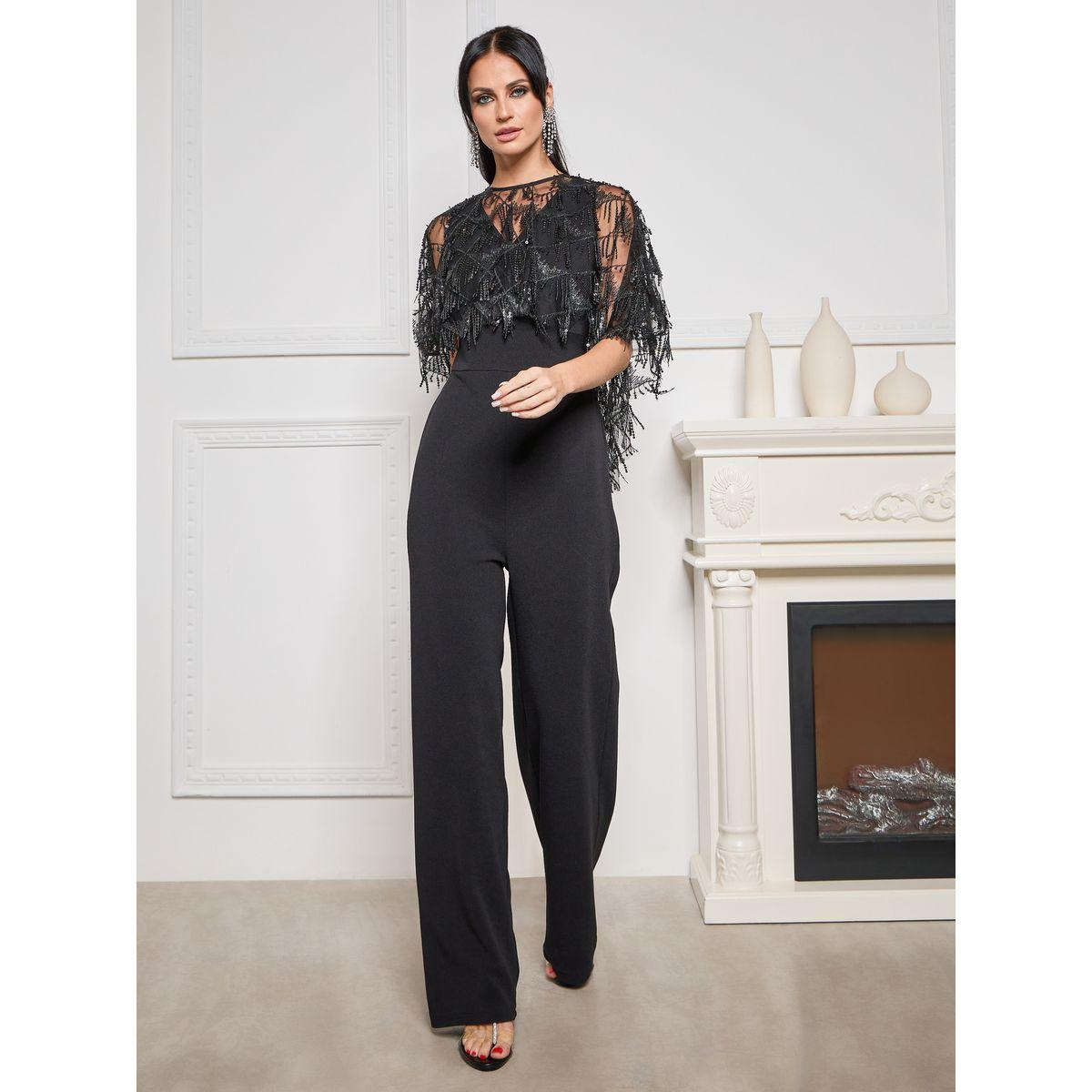 Styli Limited V Neck Wide Leg Jumpsuit with Embellished Removable Cape-women-clothing-jumpsuits-image-1