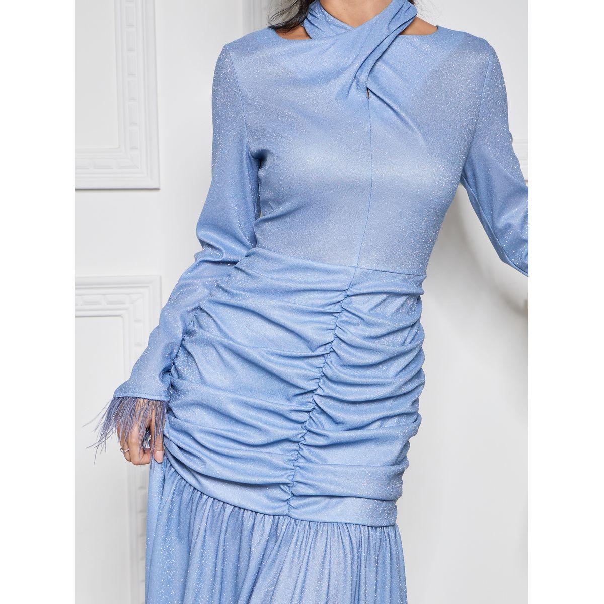 Styli Limited Front Ruched Shimmer Maxi Dress with Faux Feather Trim-women-clothing-dresses-image-4
