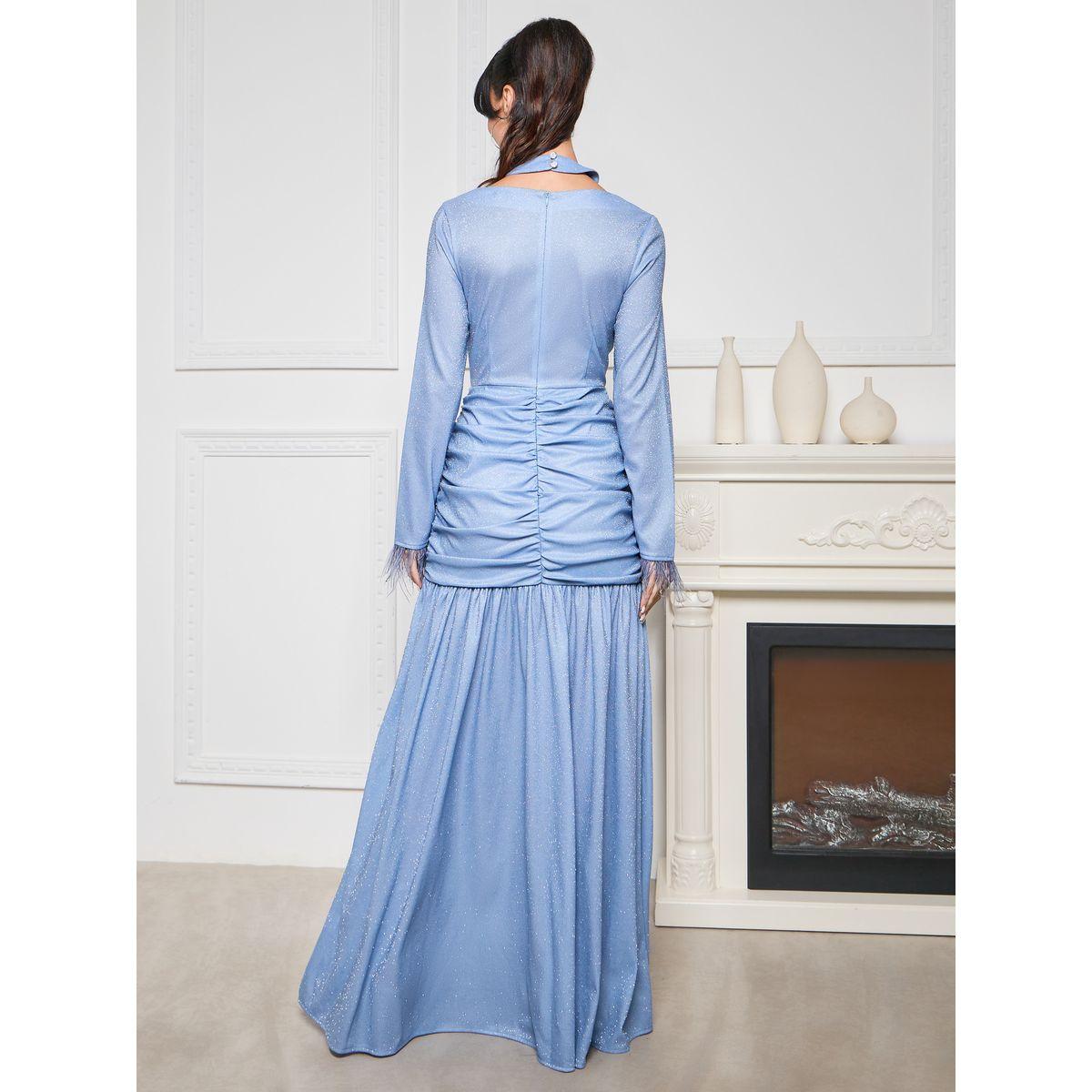Styli Limited Front Ruched Shimmer Maxi Dress with Faux Feather Trim-women-clothing-dresses-image-5