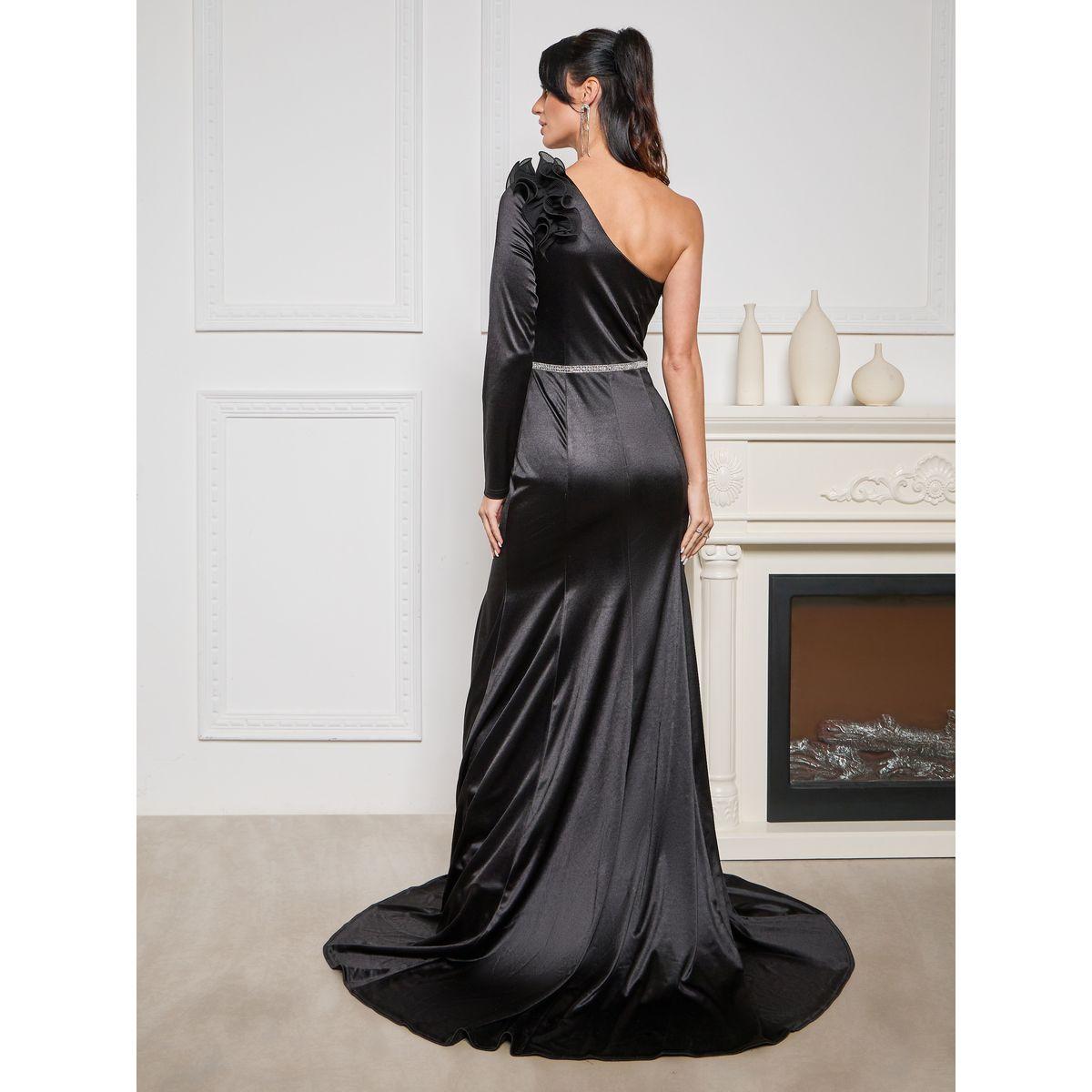Styli Limited One Shoulder Satin Maxi Dress with Corsage & Embellishment-women-clothing-dresses-image-5