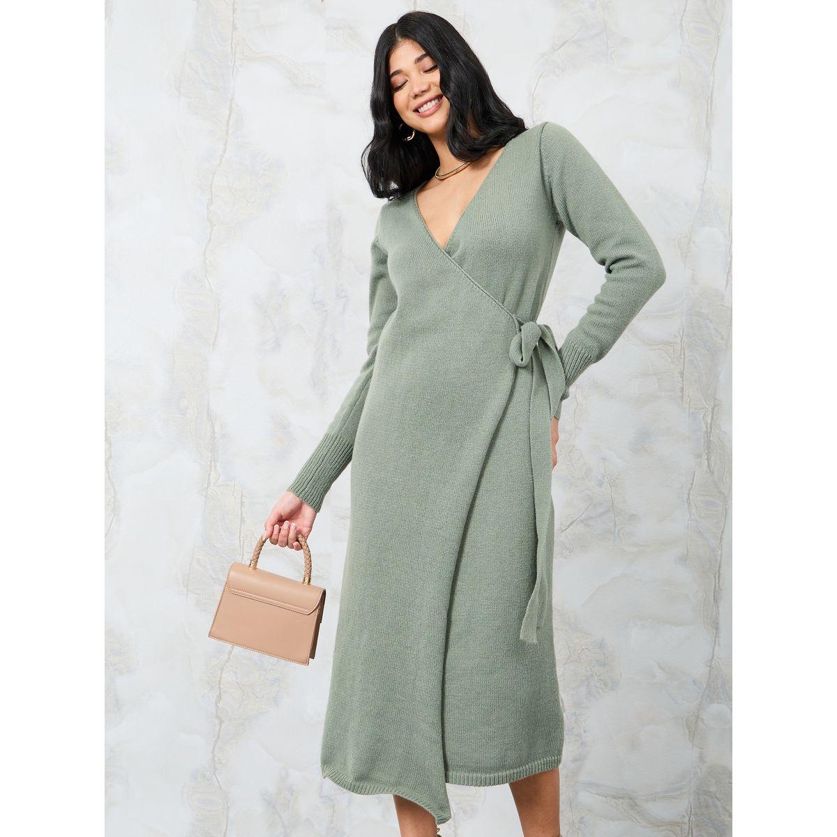Styli Wrap Front Tie Up Detail Sweater Midi Dress-women-clothing-dresses-image-1