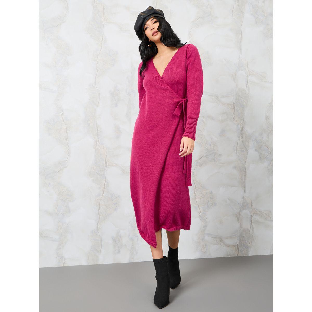 Styli Wrap Front Tie Up Detail Sweater Midi Dress-women-clothing-dresses-image-1