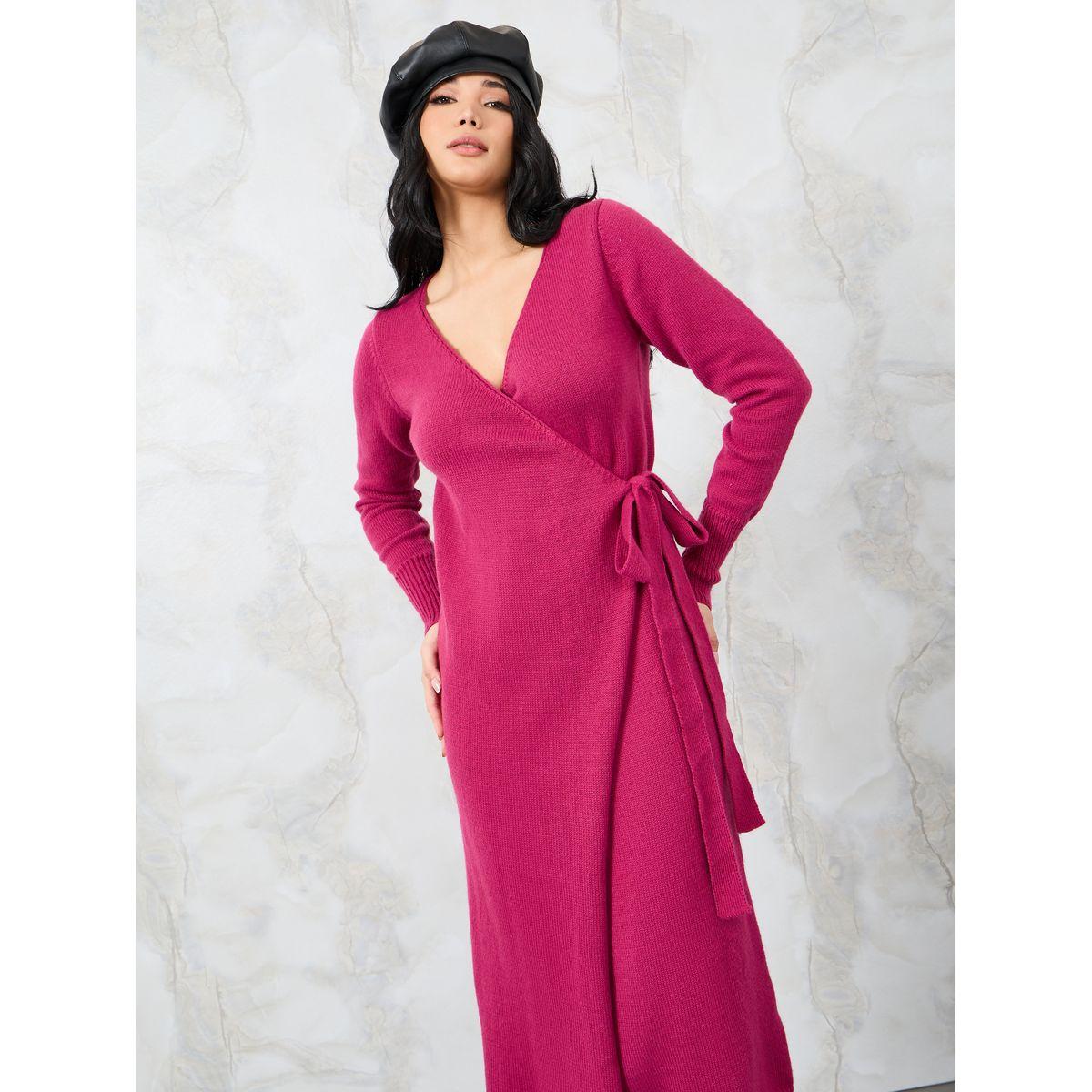 Styli Wrap Front Tie Up Detail Sweater Midi Dress-women-clothing-dresses-image-2
