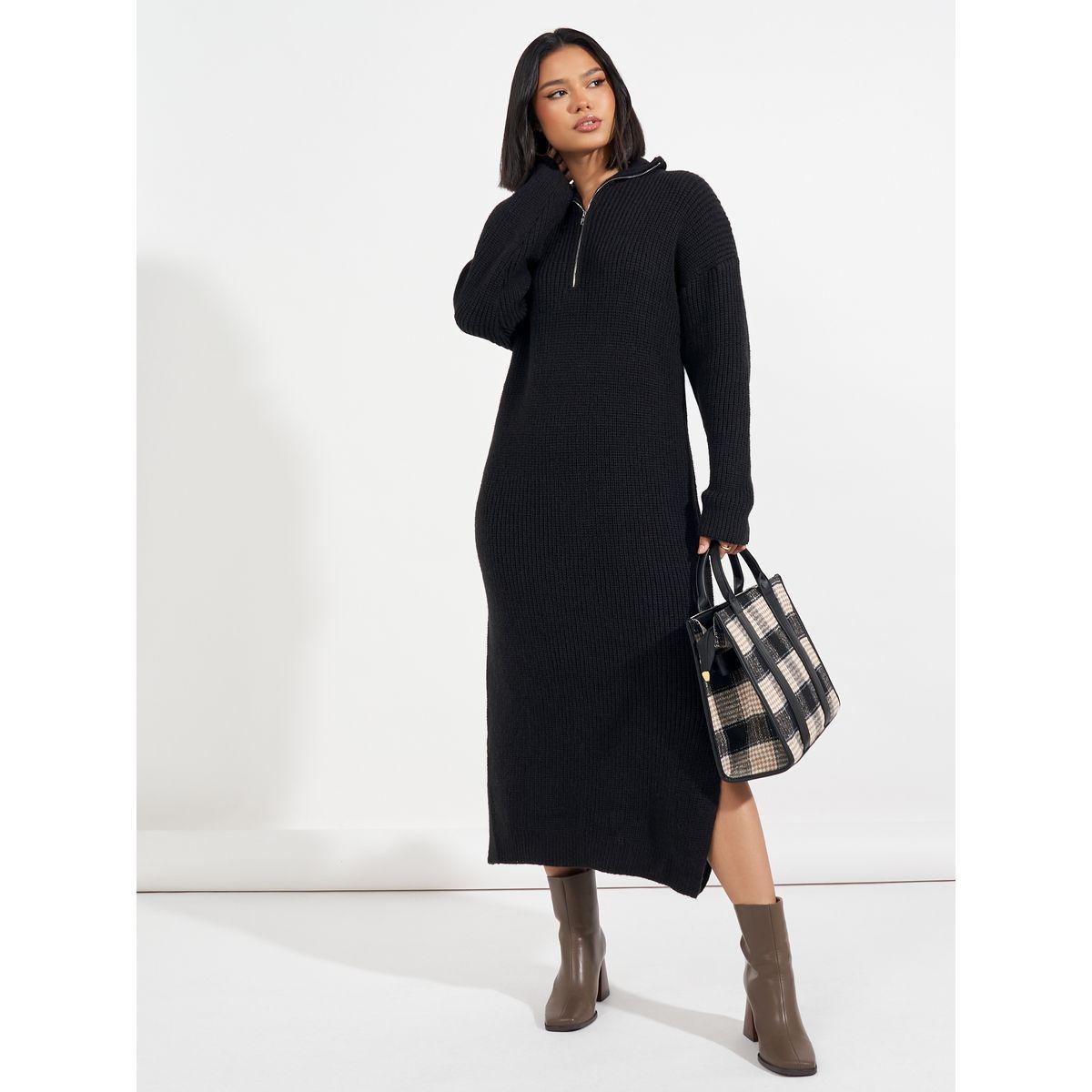 Styli Half Zip Knit Sweater Midi Dress with Side Slit-women-clothing-dresses-image-1