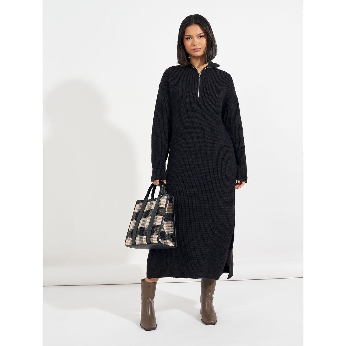 Styli Half Zip Knit Sweater Midi Dress with Side Slit-women-clothing-dresses-image-2