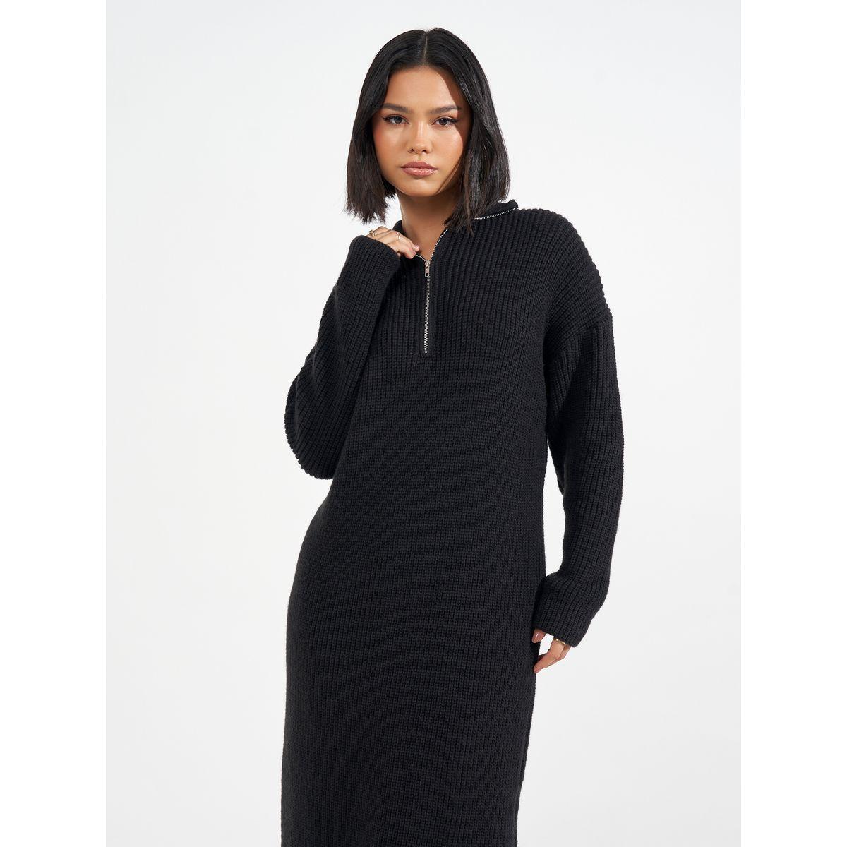 Styli Half Zip Knit Sweater Midi Dress with Side Slit-women-clothing-dresses-image-3