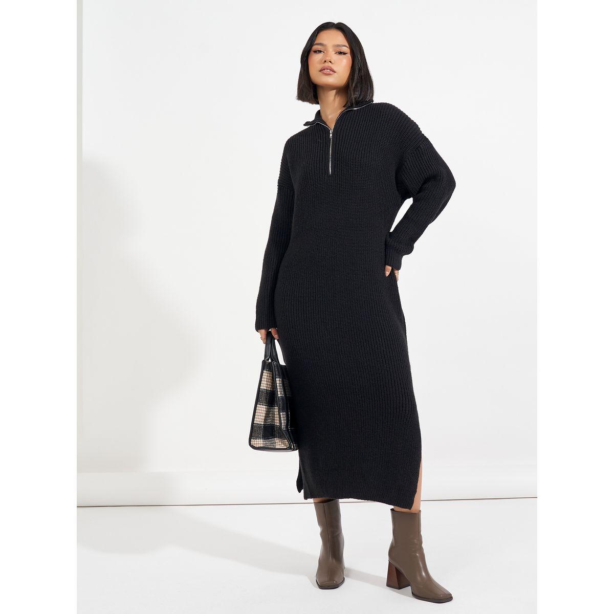 Styli Half Zip Knit Sweater Midi Dress with Side Slit-women-clothing-dresses-image-5
