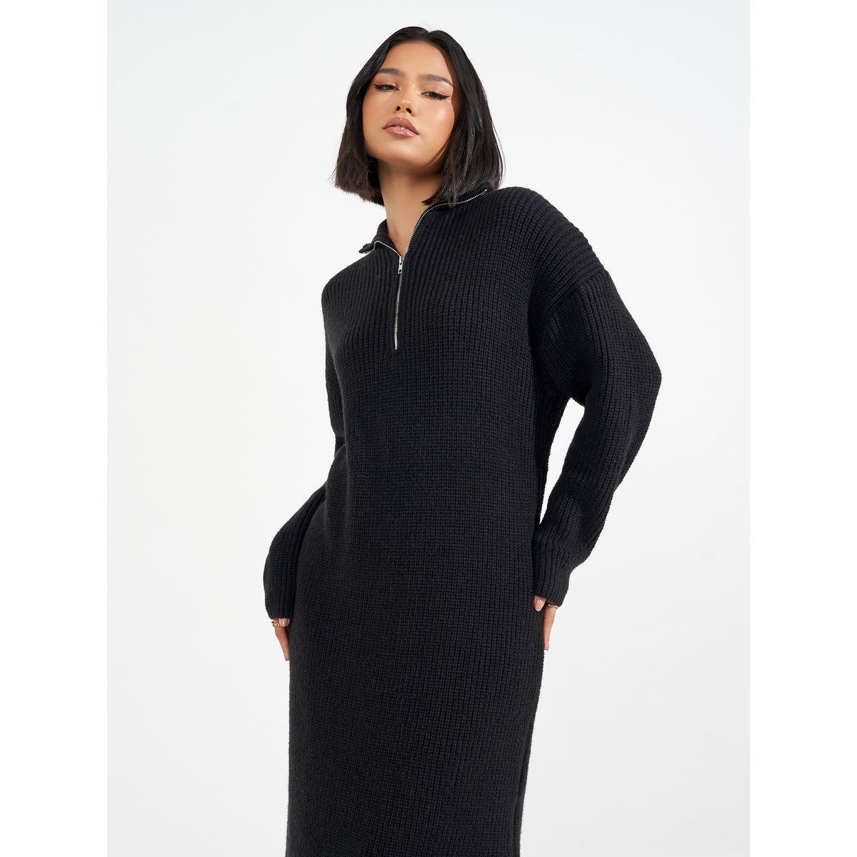 Styli Half Zip Knit Sweater Midi Dress with Side Slit-women-clothing-dresses-image-6